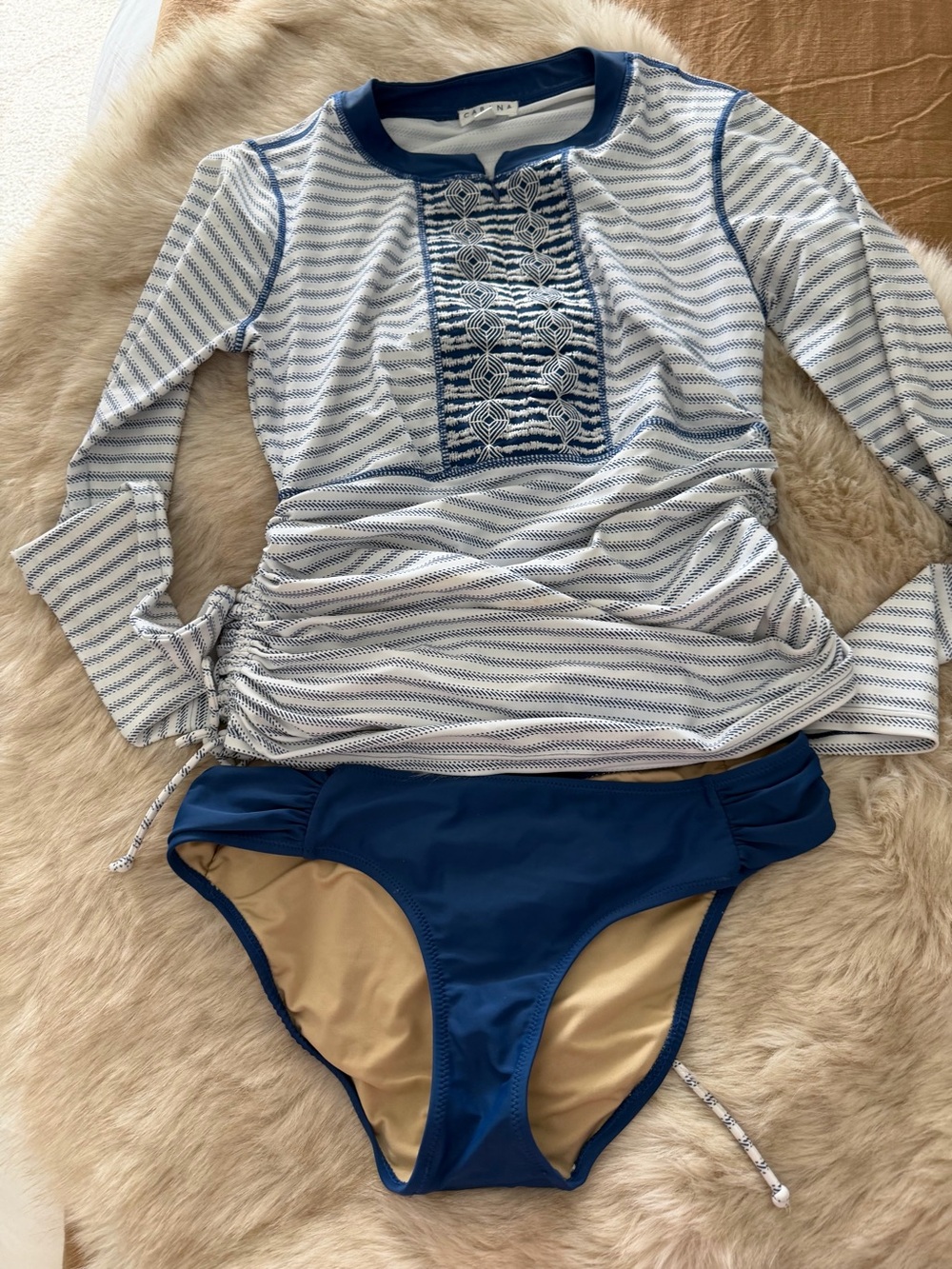 Cabana Life White and Navy Striped Swim Top with Navy Bikini Bottoms